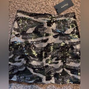 Shinestar Sequin Mini Skirt in Black, Silver, and Green Camo
